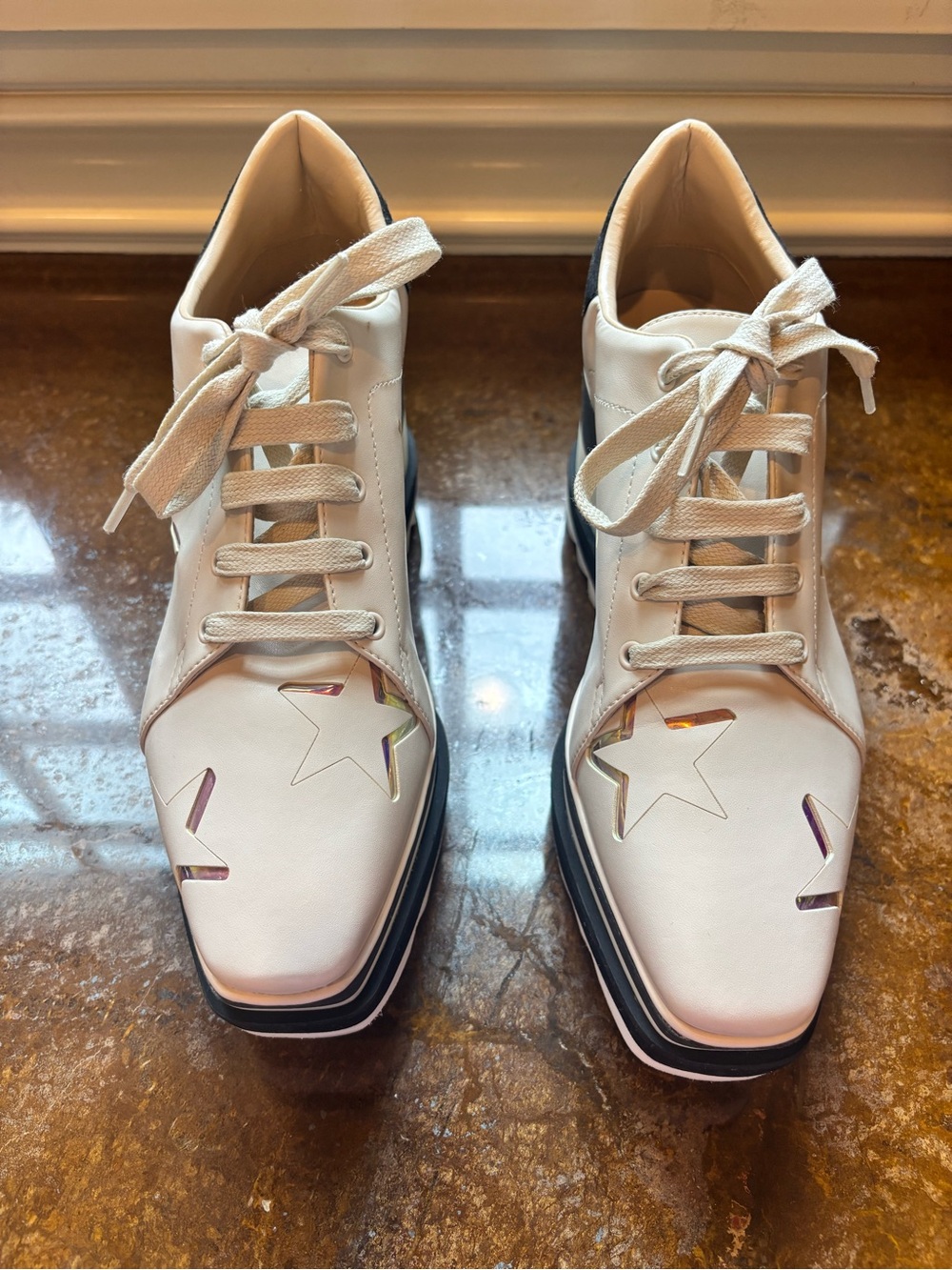 Stella McCartney White Leather Sneakers with Holographic Star Accents